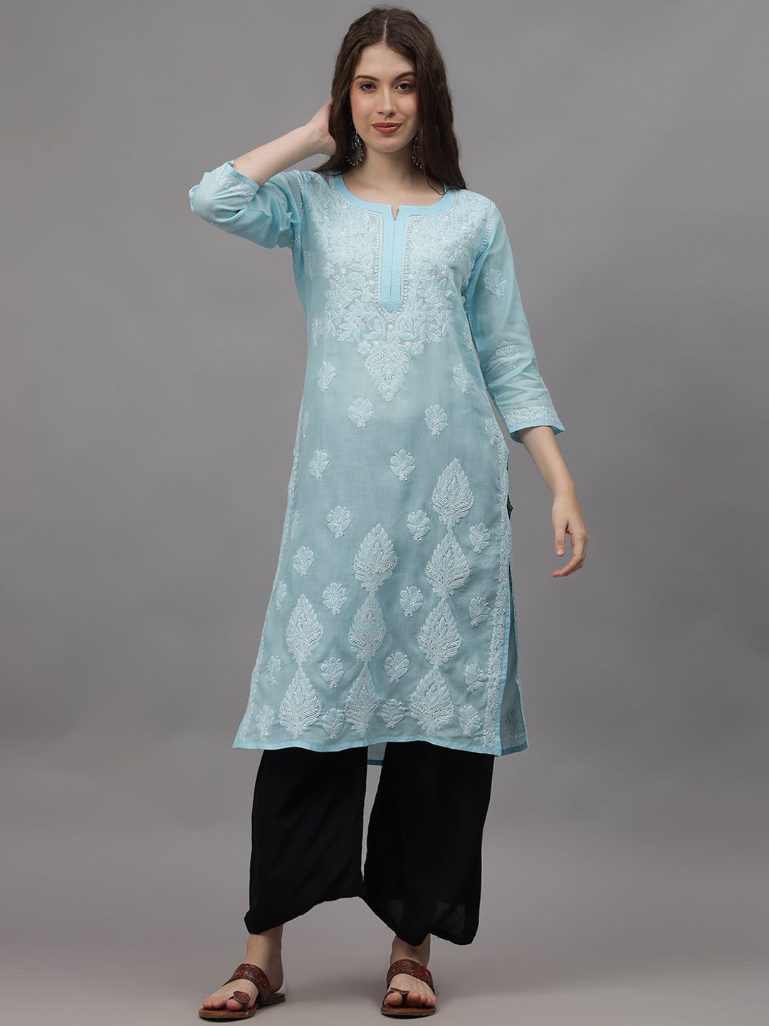 

Seva Chikan Ethnic Motifs Embroidered Chikankari Cotton Straight Kurta, Blue