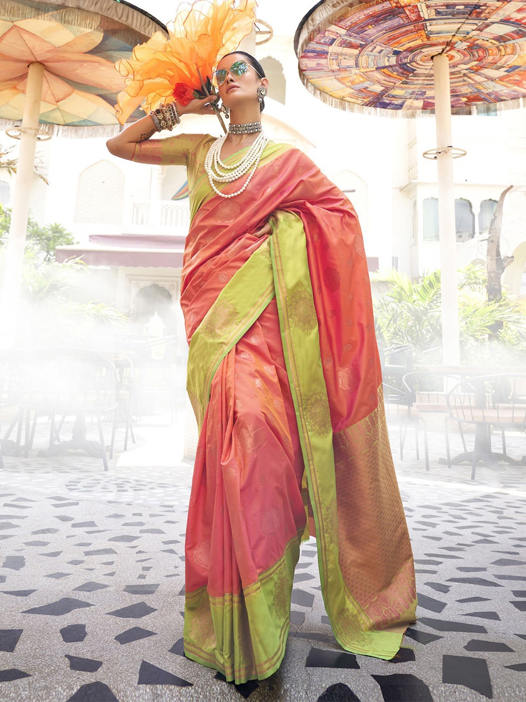 

elora Woven Design Zari Banarasi Saree, Coral