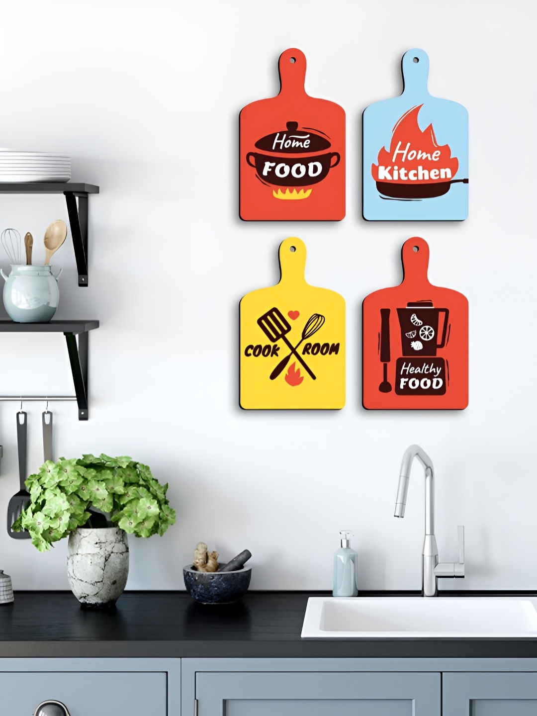 

CLAWCRAFTS Yellow and Red 4 Pieces Wooden Modern Wall Hangings