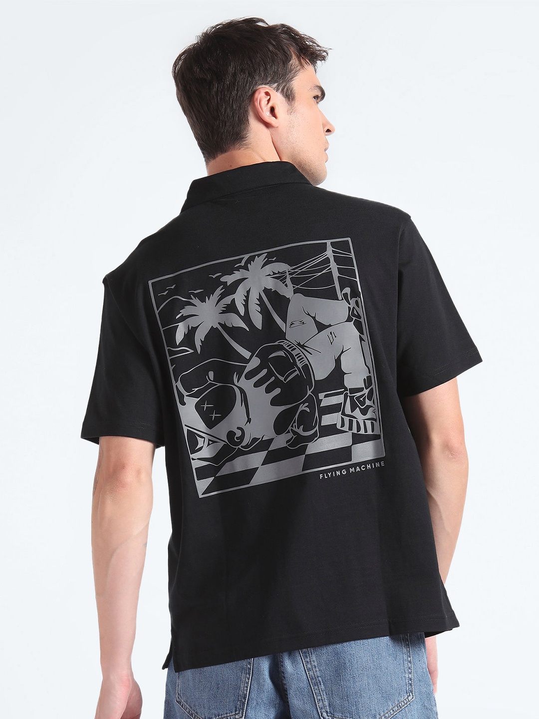 

Flying Machine Graphic Printed Polo Collar Pure Cotton Relaxed Fit T-shirt, Black