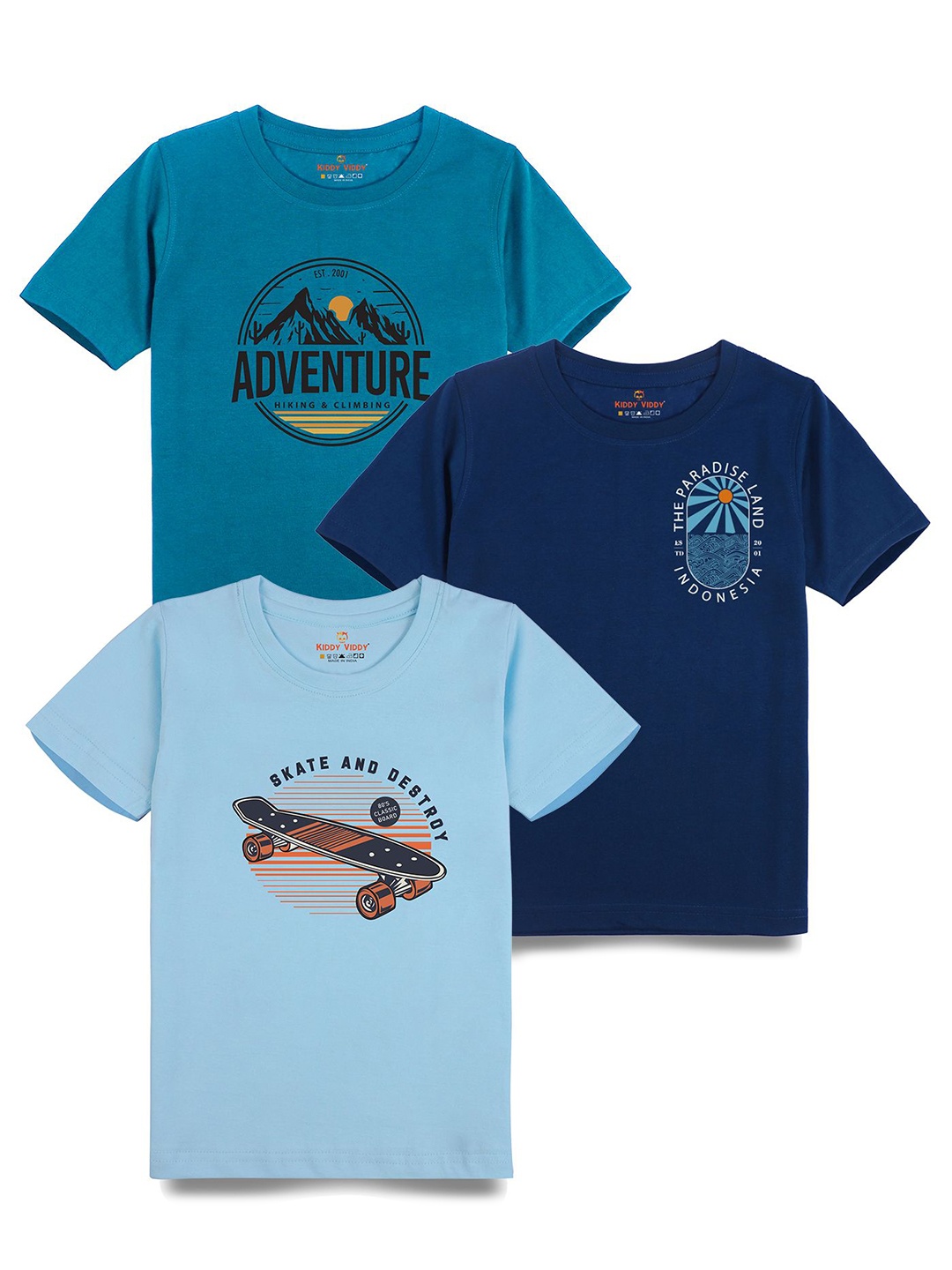 

AUSK Boys Pack Of 3 Graphic Printed Round Neck Cotton T-Shirts, Turquoise blue