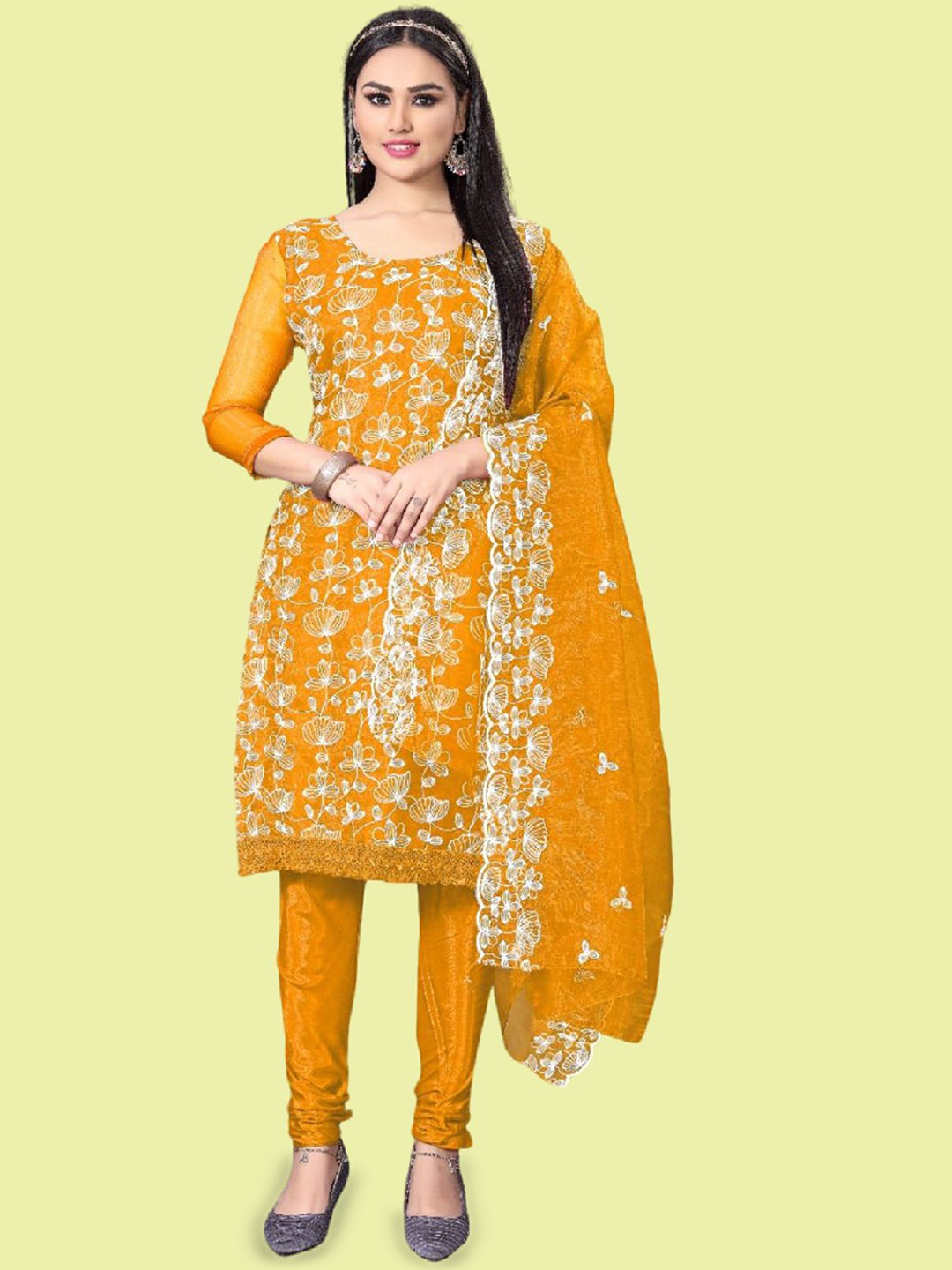 

APNISHA Floral Embroidered Thread Work Organza Unstitched Dress Material, Mustard