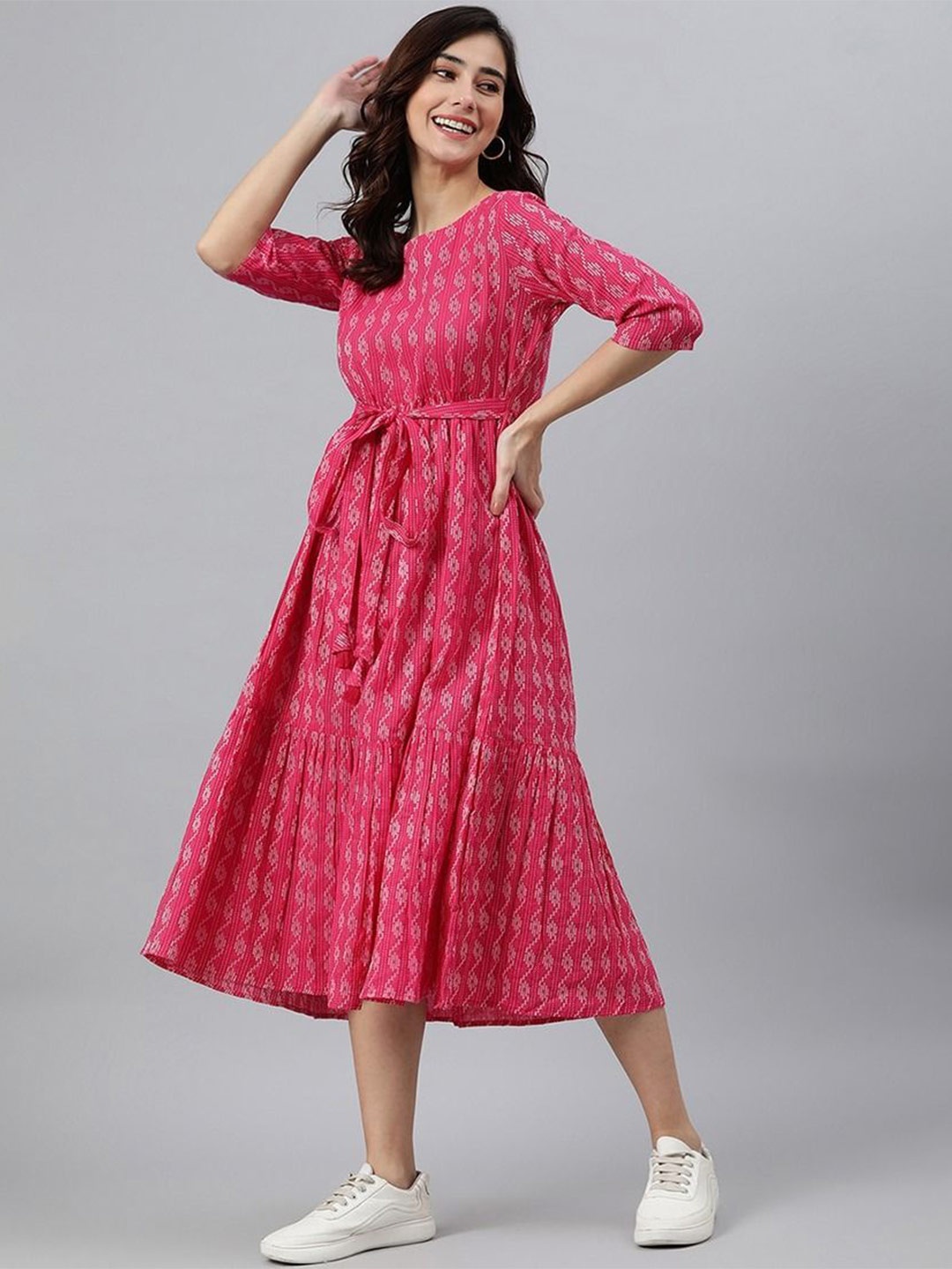 

Parth Fab Print Fit & Flare Three-Quarter Sleeves Ethnic Motifs Midi Dress, Pink