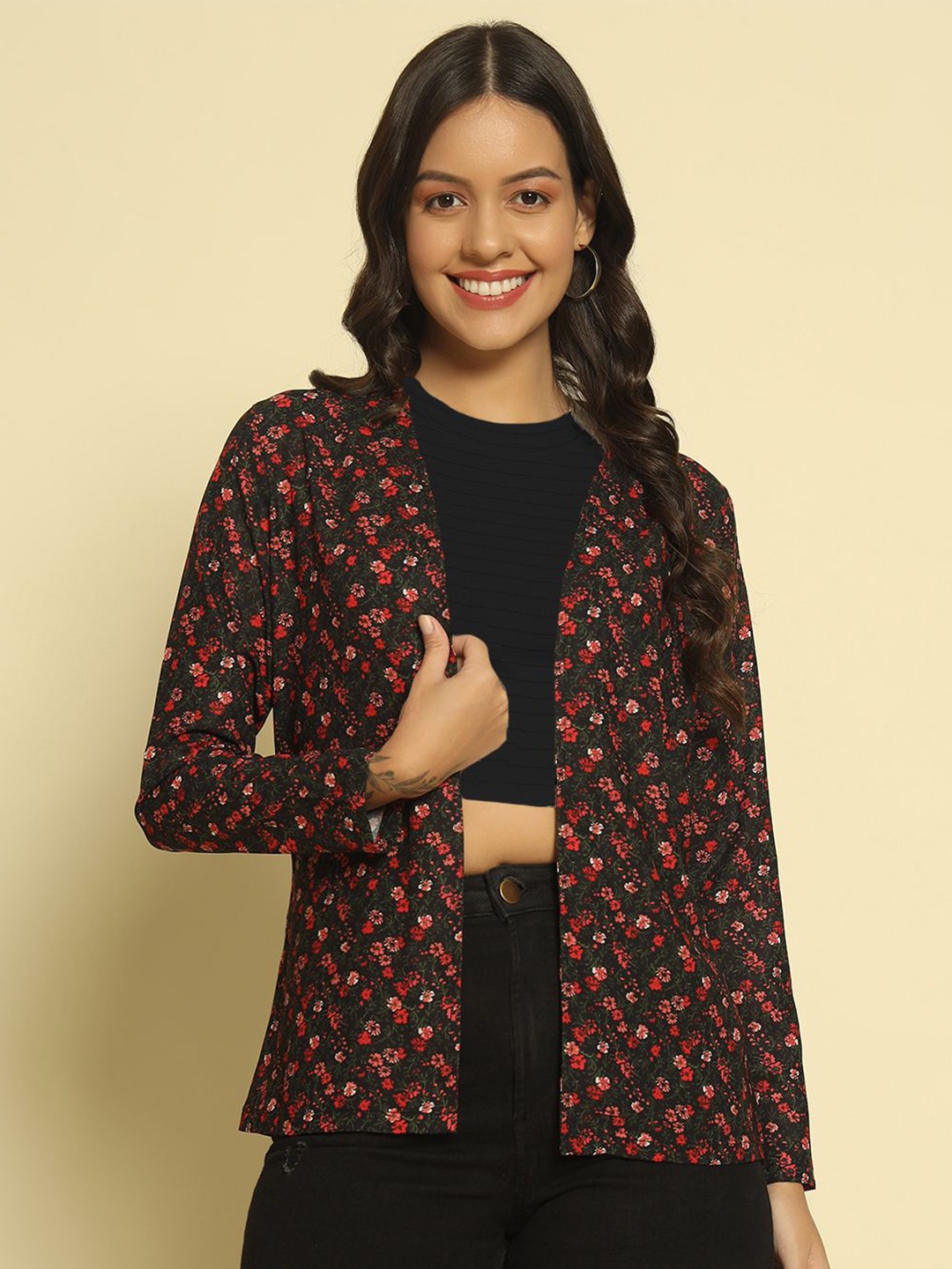 

ADDYVERO Floral Printed Open Front Shrug, Black