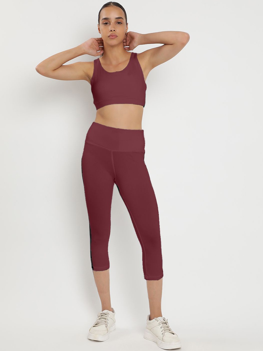 

Wearjukebox Sports Bra & High Rise Crop Leggings Tracksuits, Maroon
