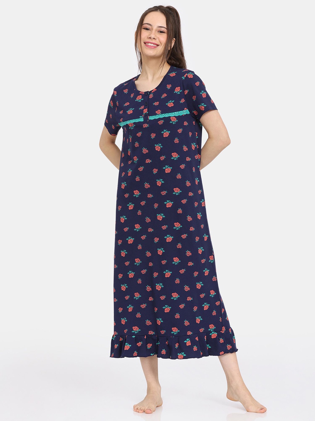 

Rosaline by Zivame Women Floral Printed Maxi Nightdress, Blue