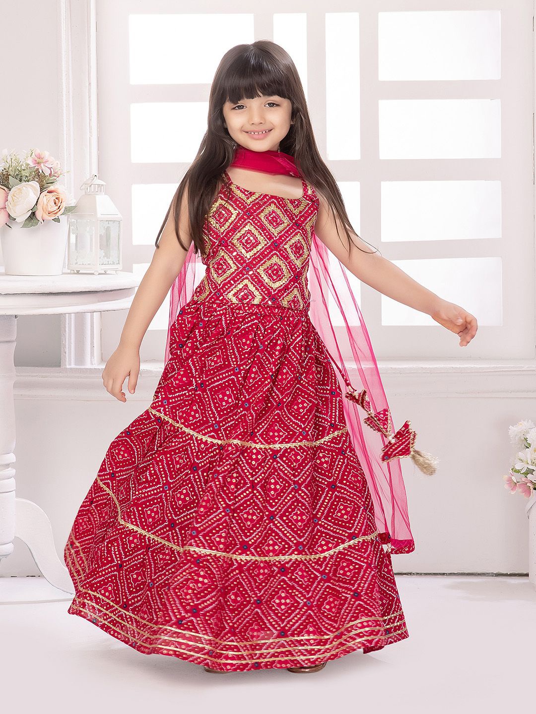 

Tiny Kingdom Girls Bandhani Embroidered Cotton Ready to Wear Lehenga & Blouse With Dupatta, Red