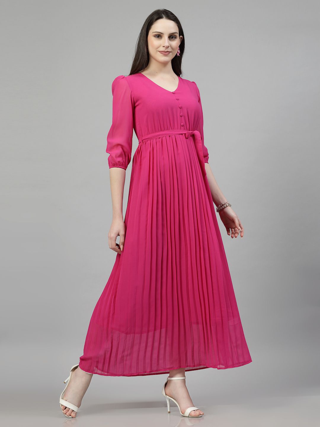 

aayu Puff Sleeve Georgette Maxi Dress, Fuchsia