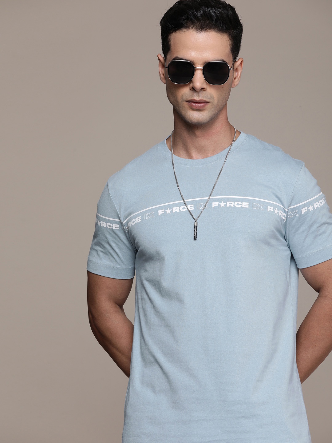 

FORCE IX Pure Cotton Brand Logo Printed Casual T-shirt, Blue