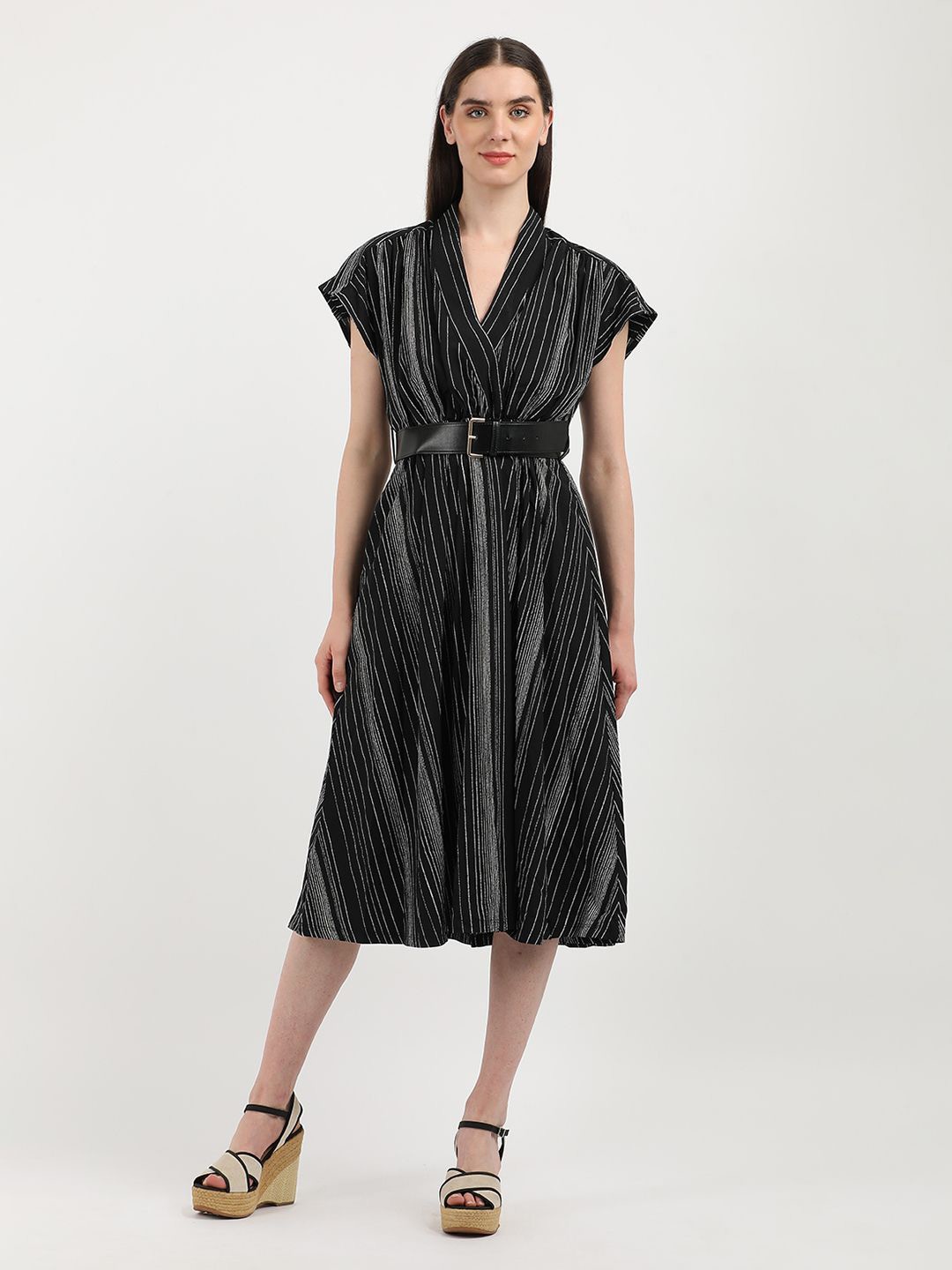

Calvin Klein Jeans Striped Belted A-Line Dress, Black