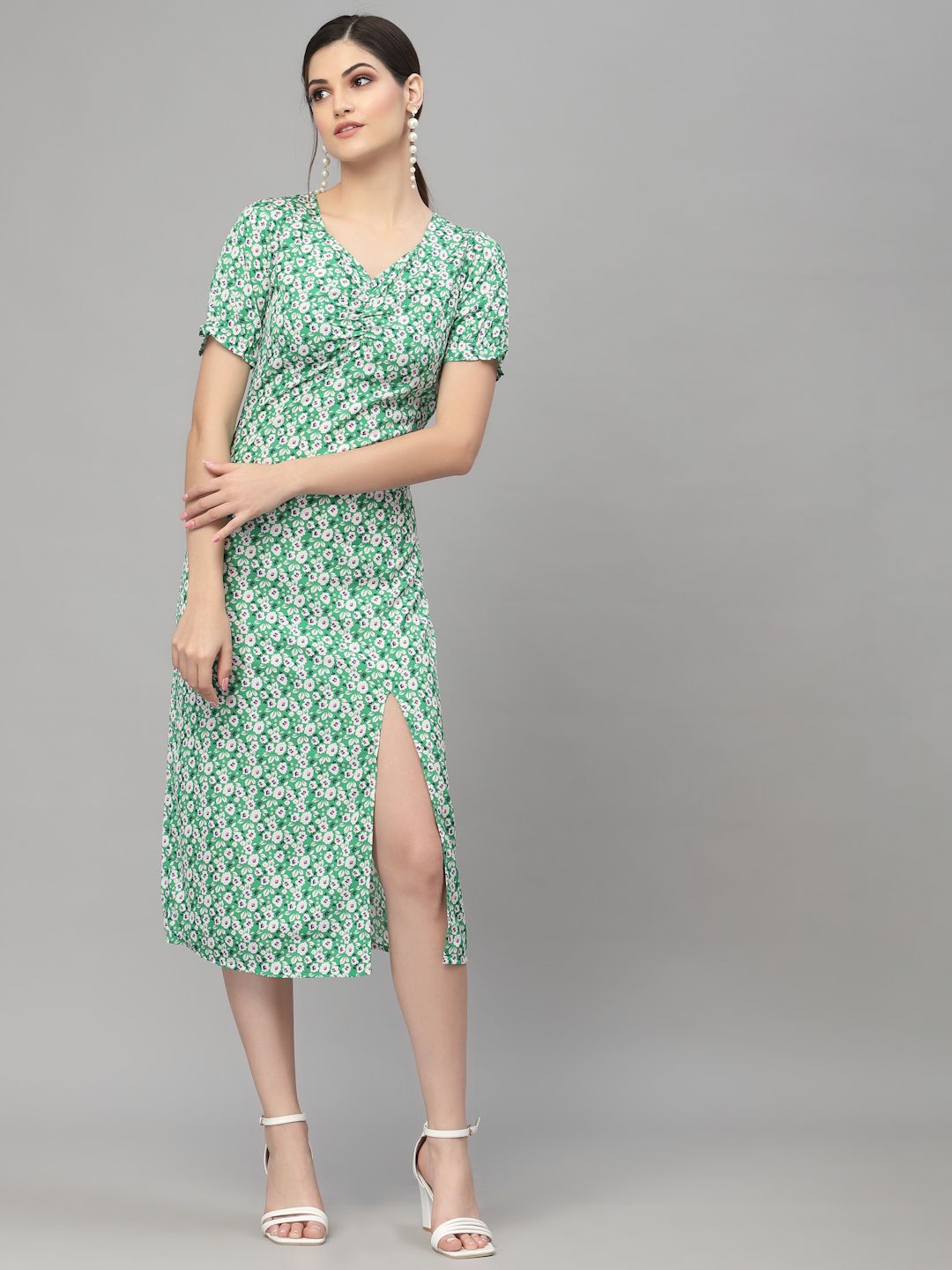 

Aayu Floral Print Puff Sleeve Crepe A-Line Midi Dress, Green