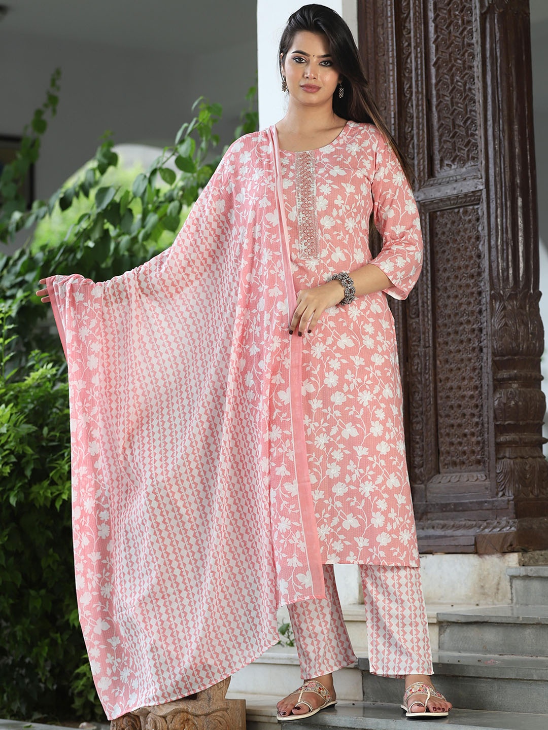 

G4Girl Floral Printed Mirror Work Pure Cotton Straight Kurta with Trousers & Dupatta, Peach