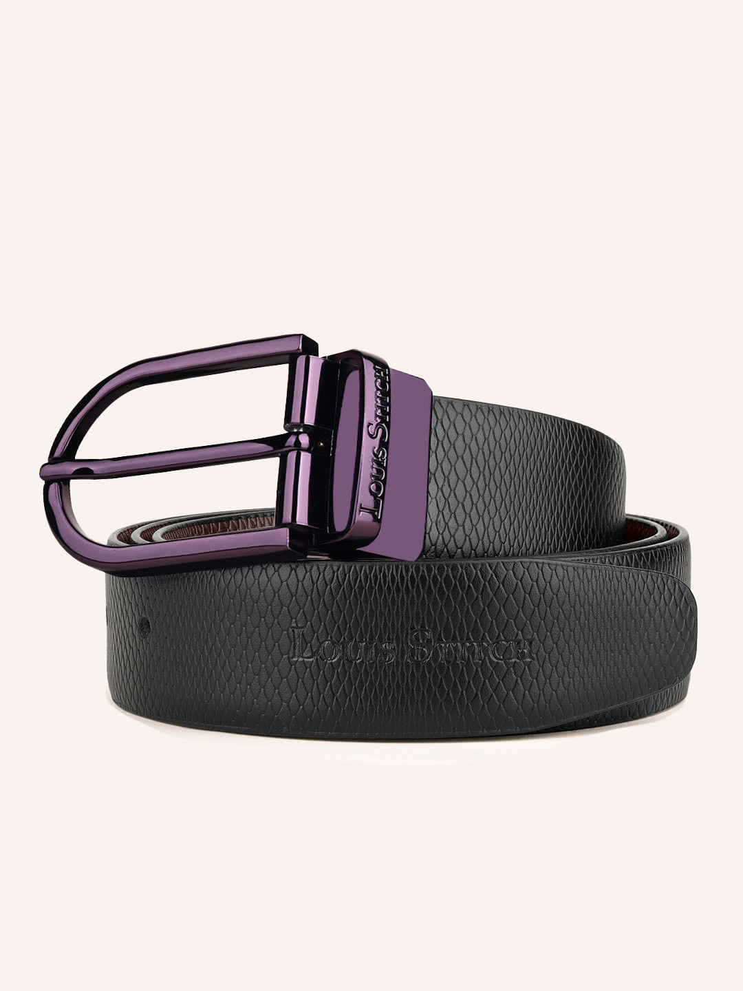 

LOUIS STITCH Men Textured Leather Reversible Belt, Black