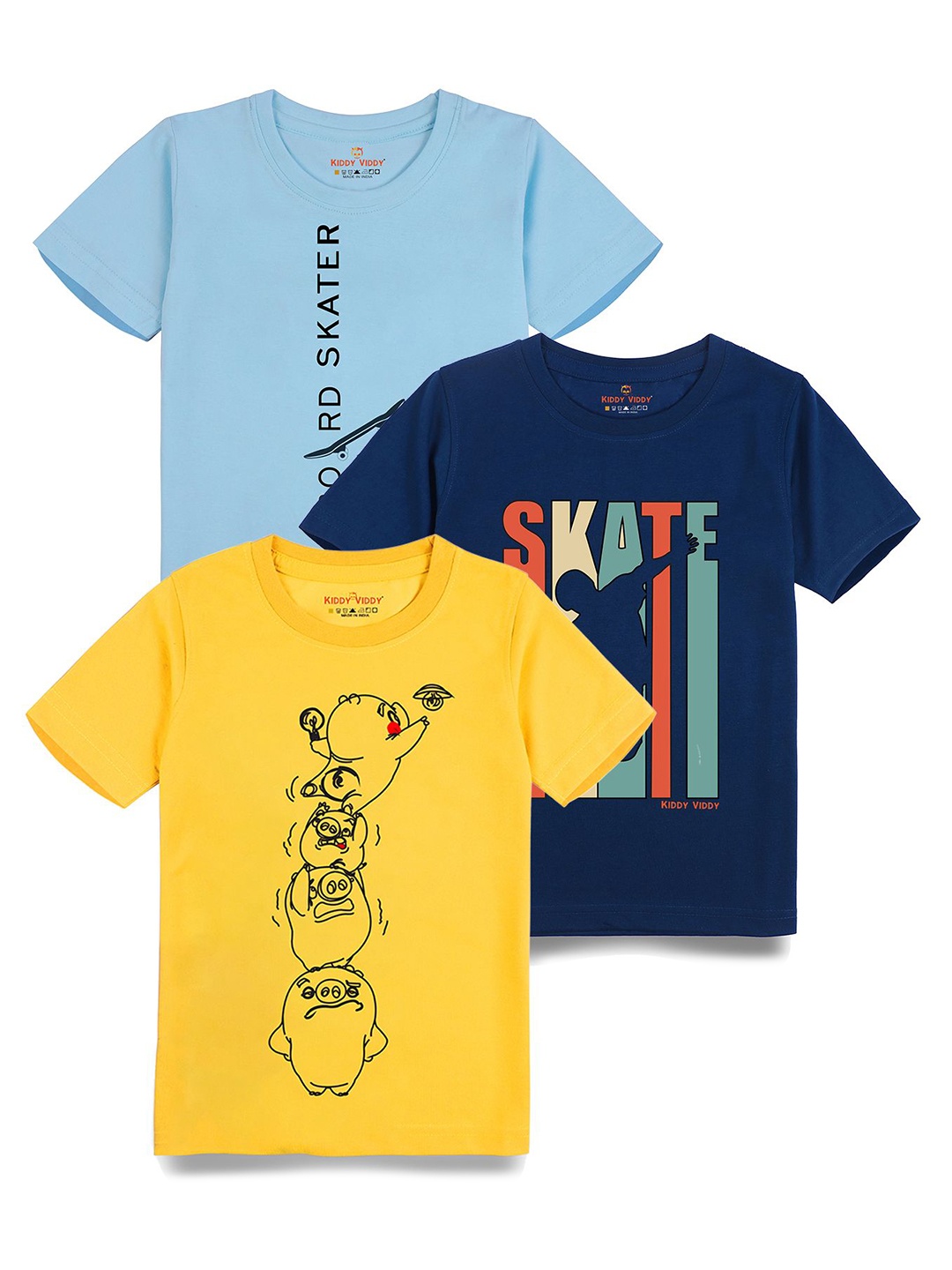 

AUSK Boys Pack Of 3 Graphic Printed Round Neck Cotton T-shirts, Yellow