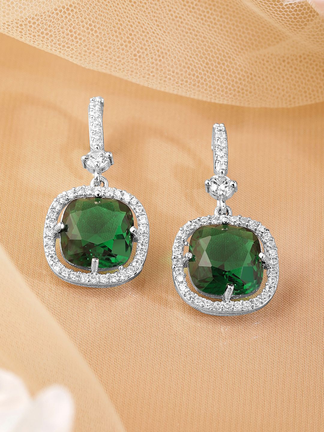 

Rubans Rhodium Plated Emerald & Cubic Zirconia Studded Premium Drop Earrings, Silver