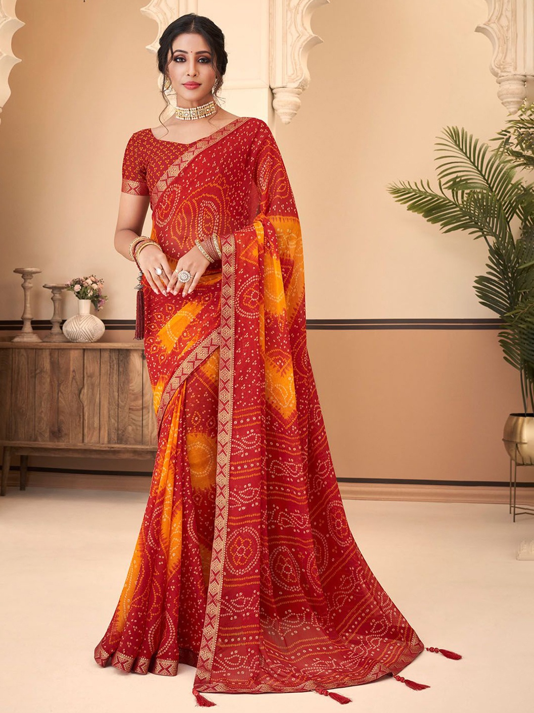 

Panzora Bandhani Zari Poly Chiffon Saree, Red