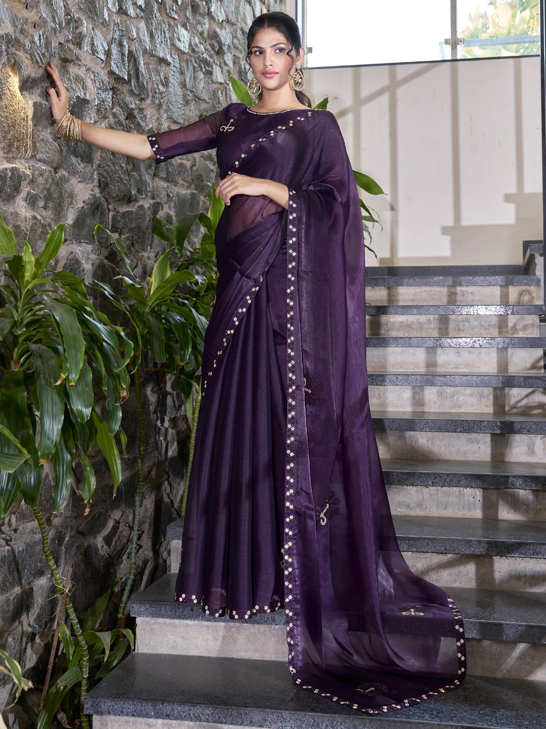 

Saree mall Embellished Beads and Stones Organza Sarees, Purple