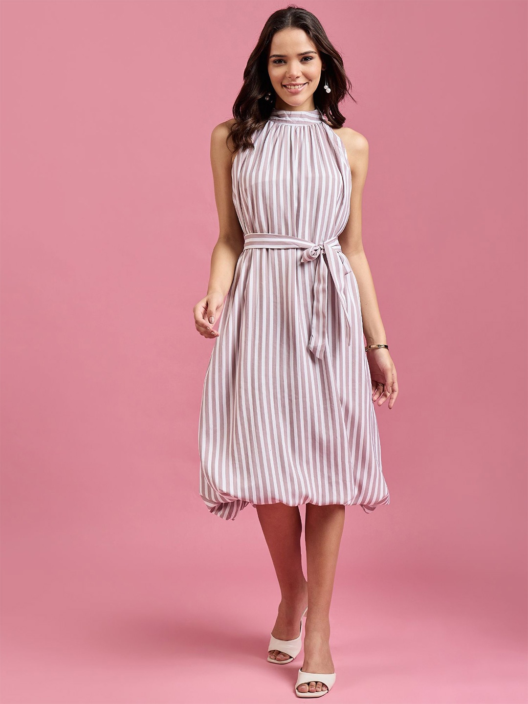 

DressBerry Striped Halter Neck Georgette Fit & Flare Dress, White