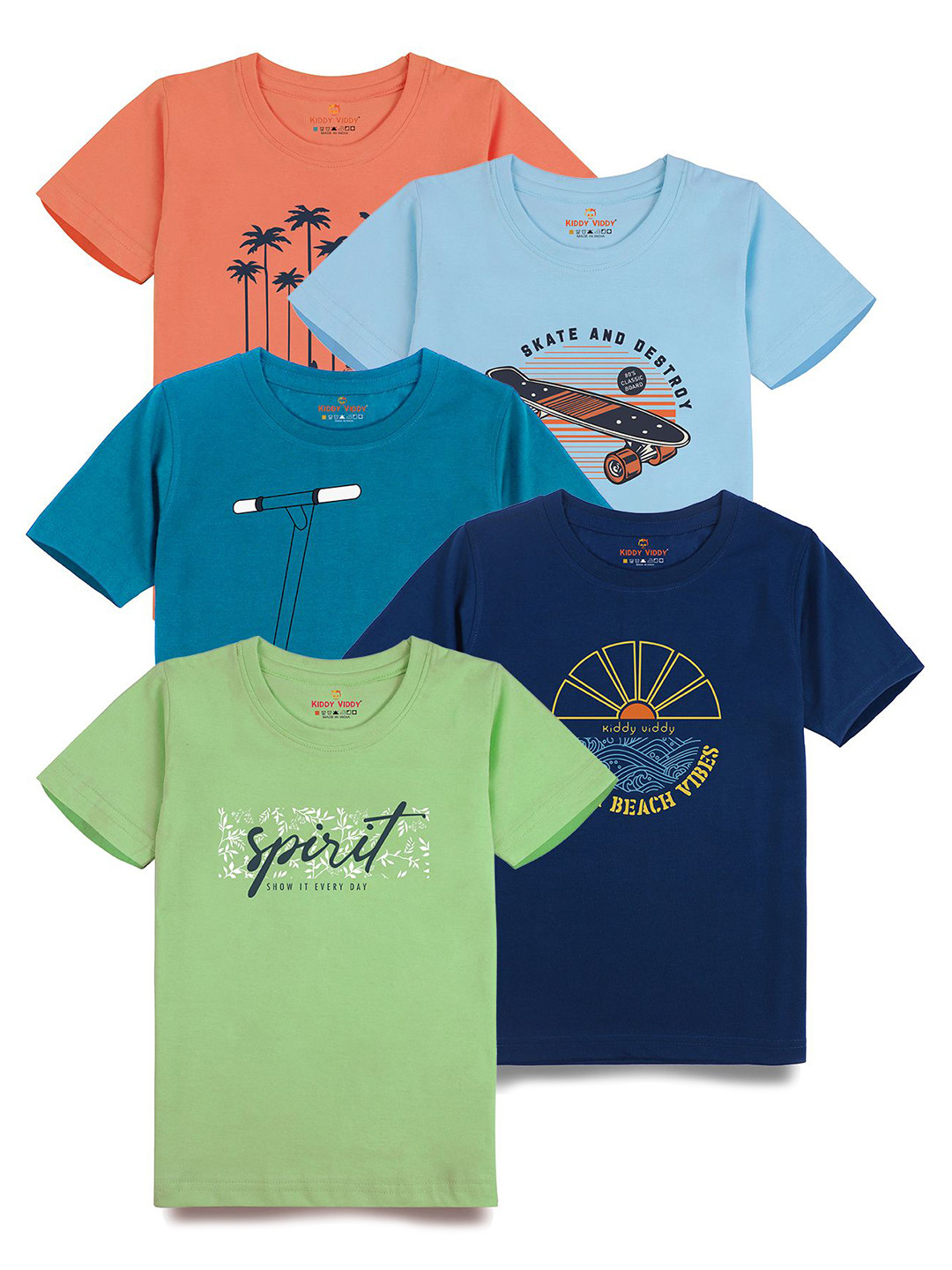 

AUSK Boys Pack Of 5 Graphic Printed Round Neck Cotton T-Shirts, Olive