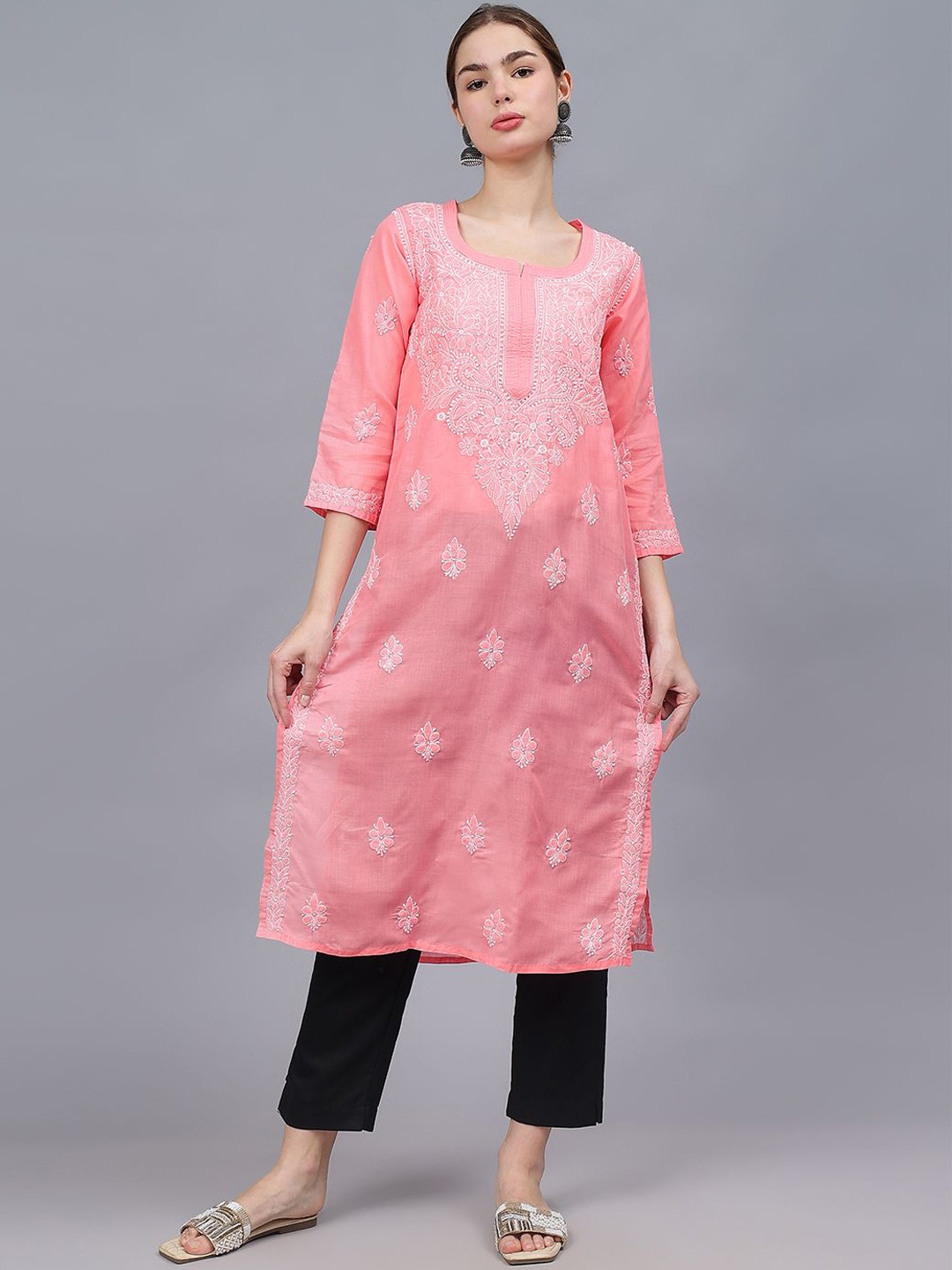 

Seva Chikan Ethnic Motifs Embroidered Chikankari Cotton Straight Kurta, Peach