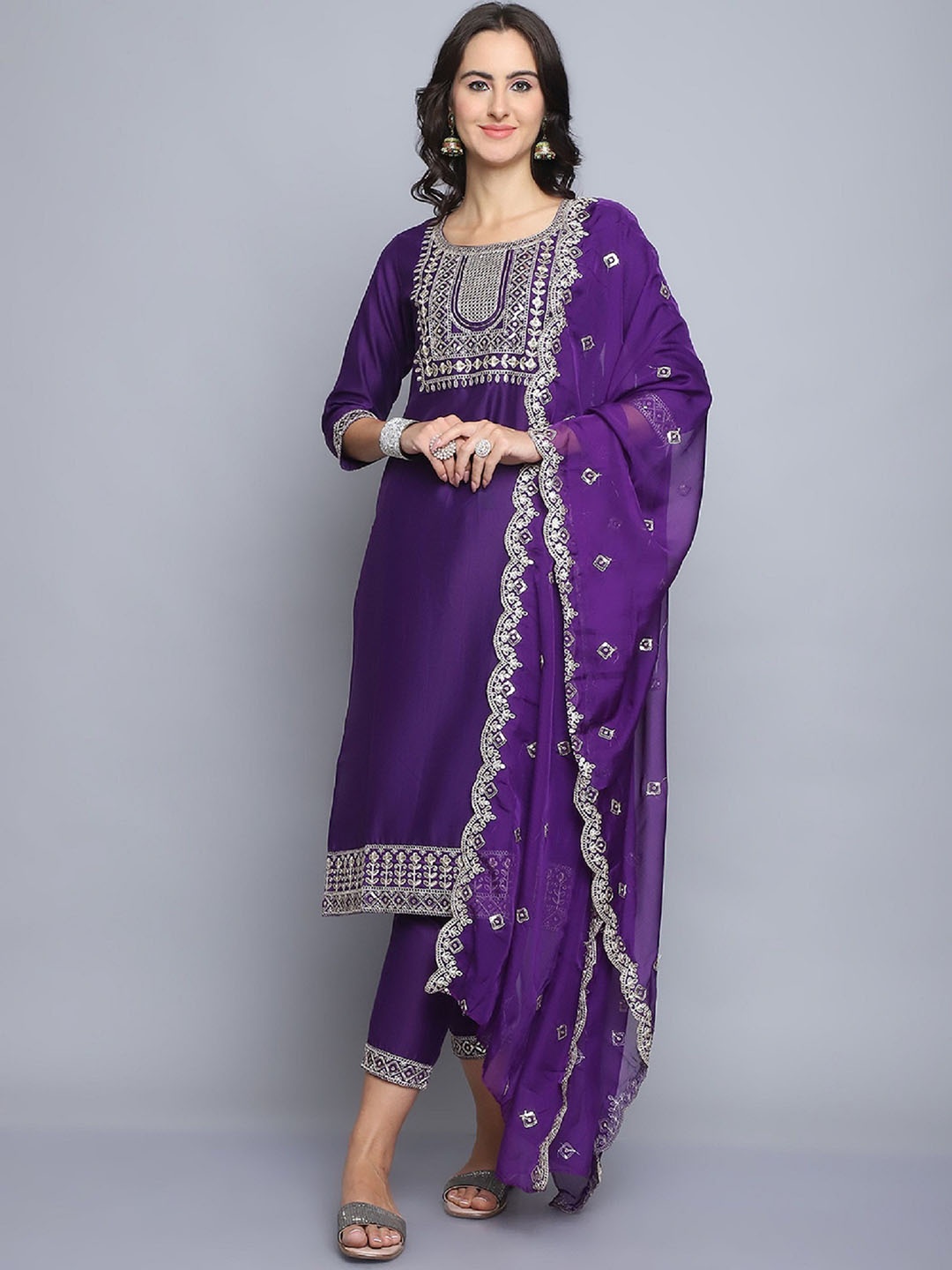 

KLOSIA Ethnic Motifs Embroidered Pure Silk Straight Kurta with Trousers & With Dupatta, Purple