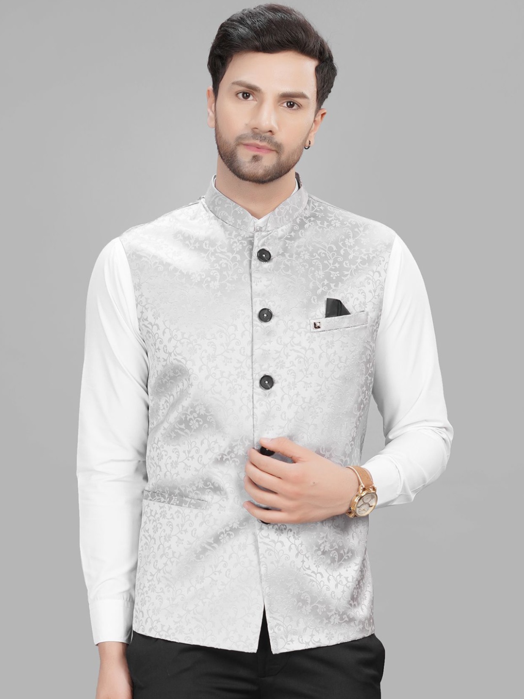 

LA'SCOOT Woven Design Nehru Jacket, Grey