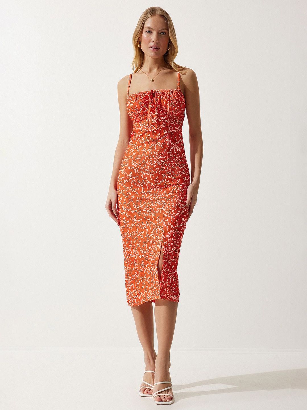 

Happiness istanbul Floral Sleeveless Bodycon Midi Dress, Orange