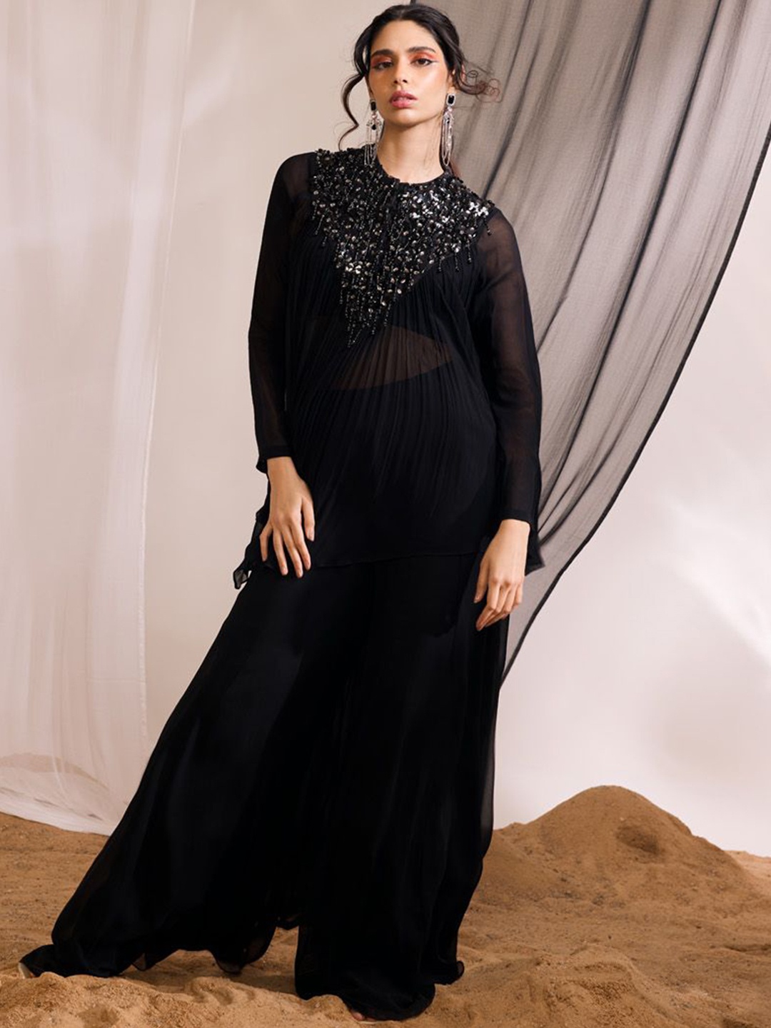 

DIVYA AGGARWAL Adaline Embellished Georgette Top & Palazzos, Black