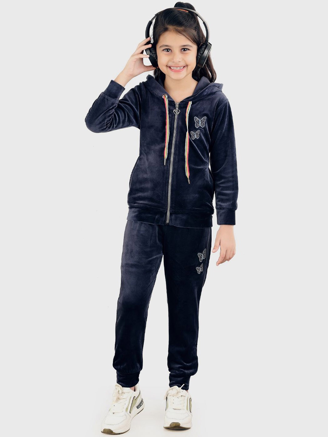 

SMSHOPMORE Girls Velvet Track Suit Hooded Neck Full Sleeve Set, Navy blue
