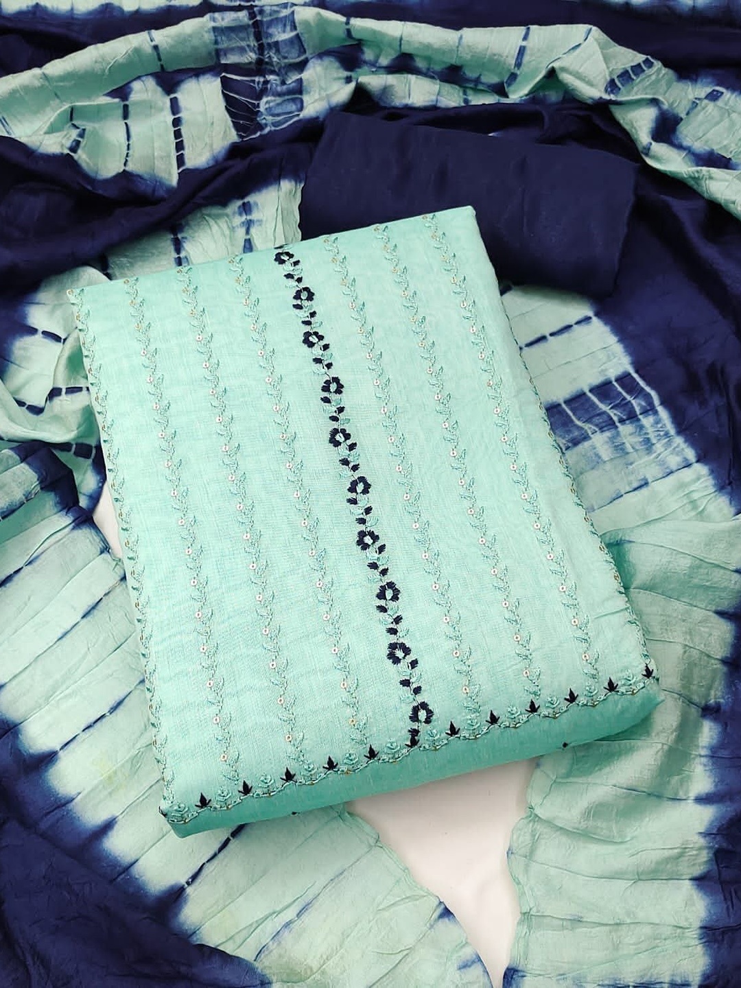 

Aika Thread Work Unstitched Dress Material, Sea green