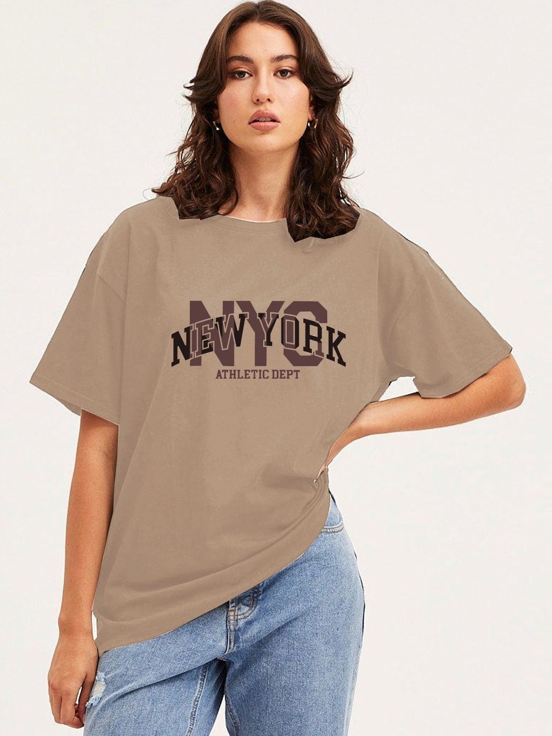 

Genzy Women Typography Printed Drop-Shoulder Sleeves Applique T-shirt, Beige