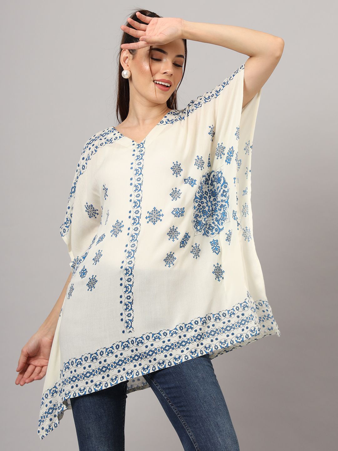 

CHARMGAL Print Extended Sleeves Cotton Kaftan Top, White