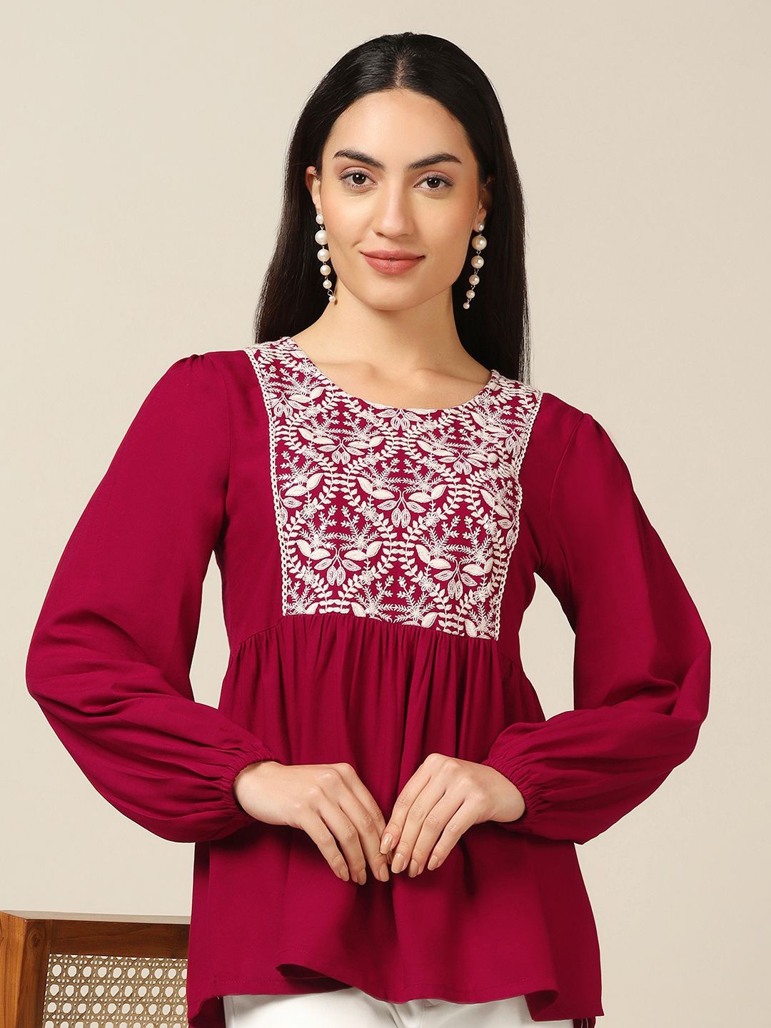 

BAESD Embroidered Puff Sleeve Top, Maroon