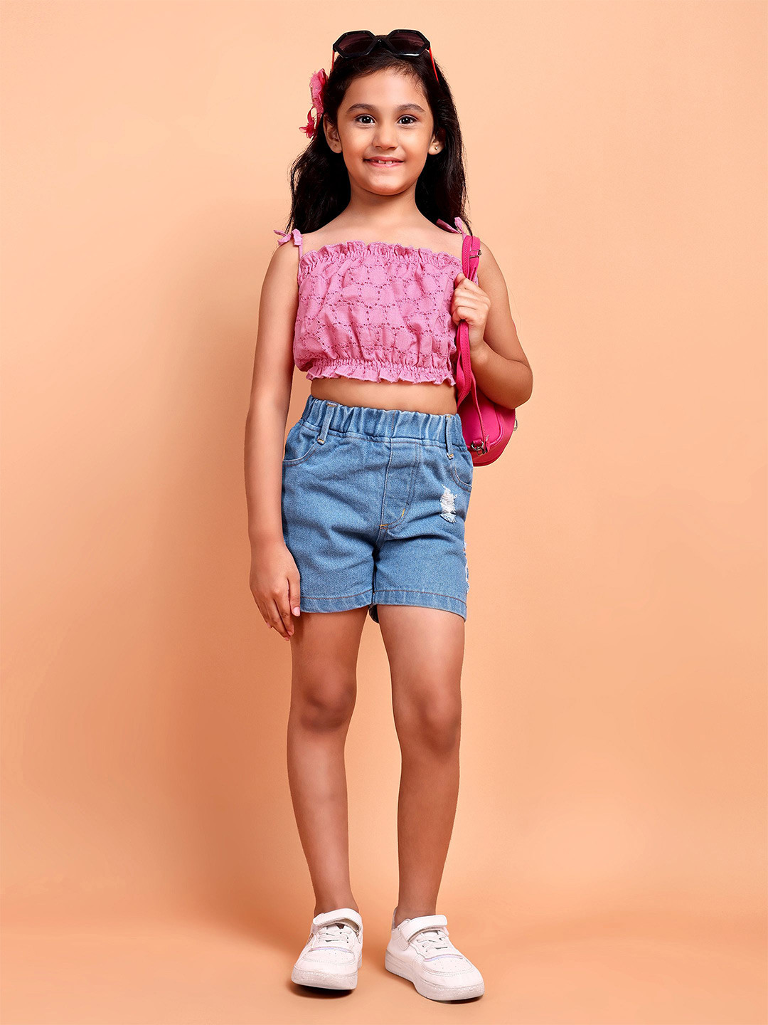 

YK Girls Schiffli Pure Cotton Crop Top With Denim Shorts, Pink