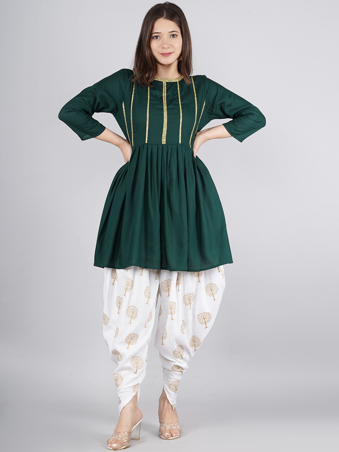 

TFP Women Floral Yoke Design Regular Gotta Patti Kurta with Dhoti Pants, Green