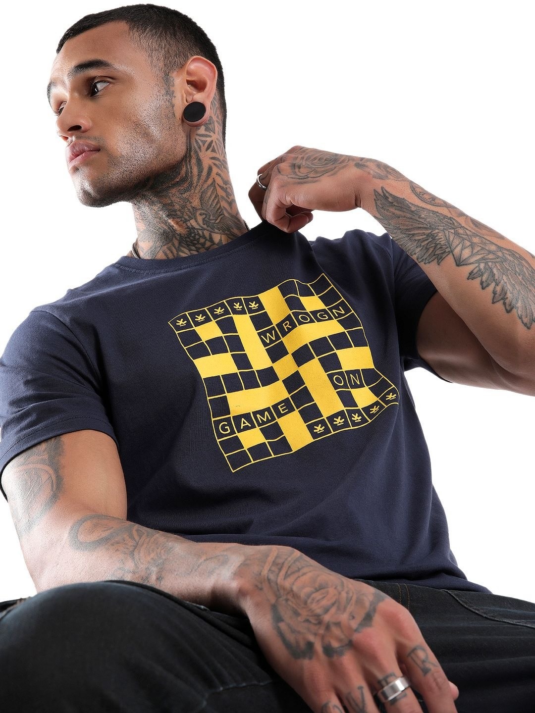 

WROGN Men Graphic Printed Round Neck Cotton Slim Fit T-Shirt, White