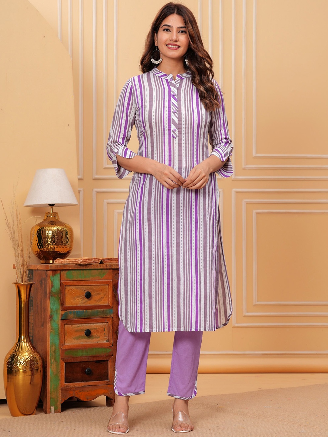 

kipek Striped Pure Cotton Kurta with Trousers, Purple