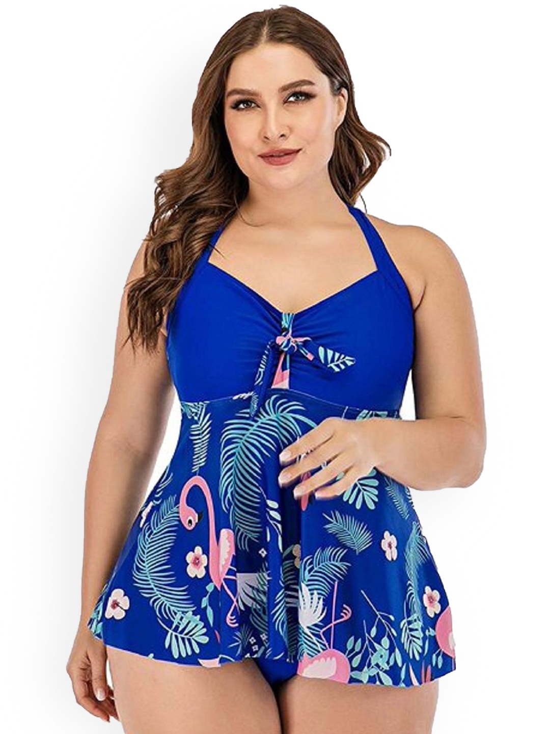 

Plus Curvves Floral Printed Halter Neck Swimming Dress, Blue