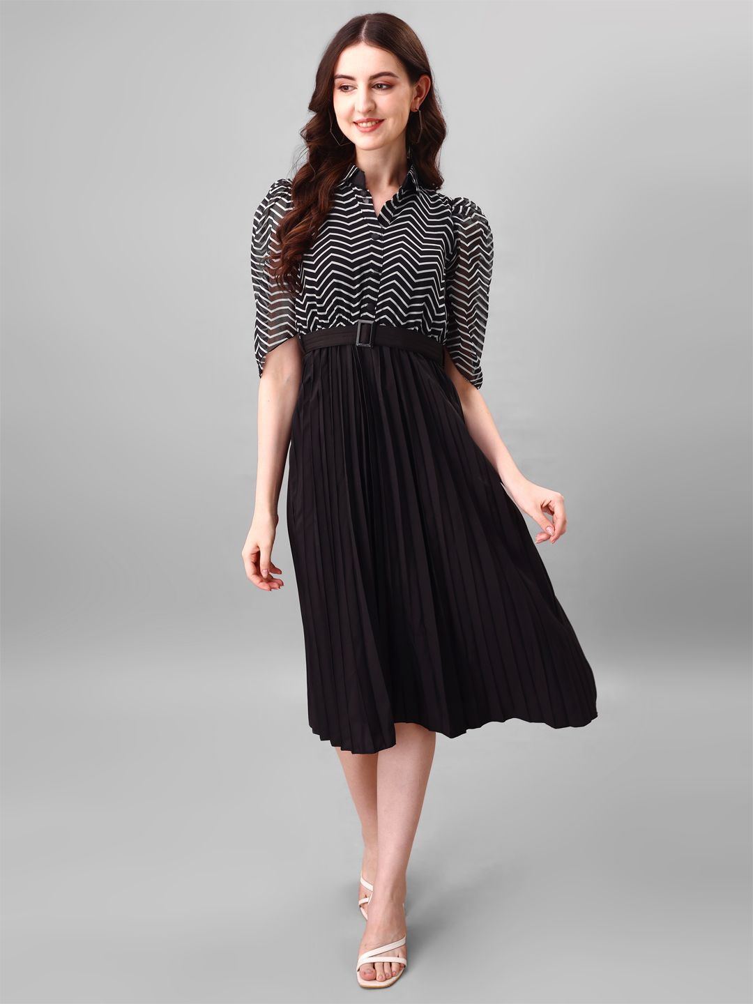 

Femvy Print Puff Sleeve Georgette Fit & Flare Dress, Black
