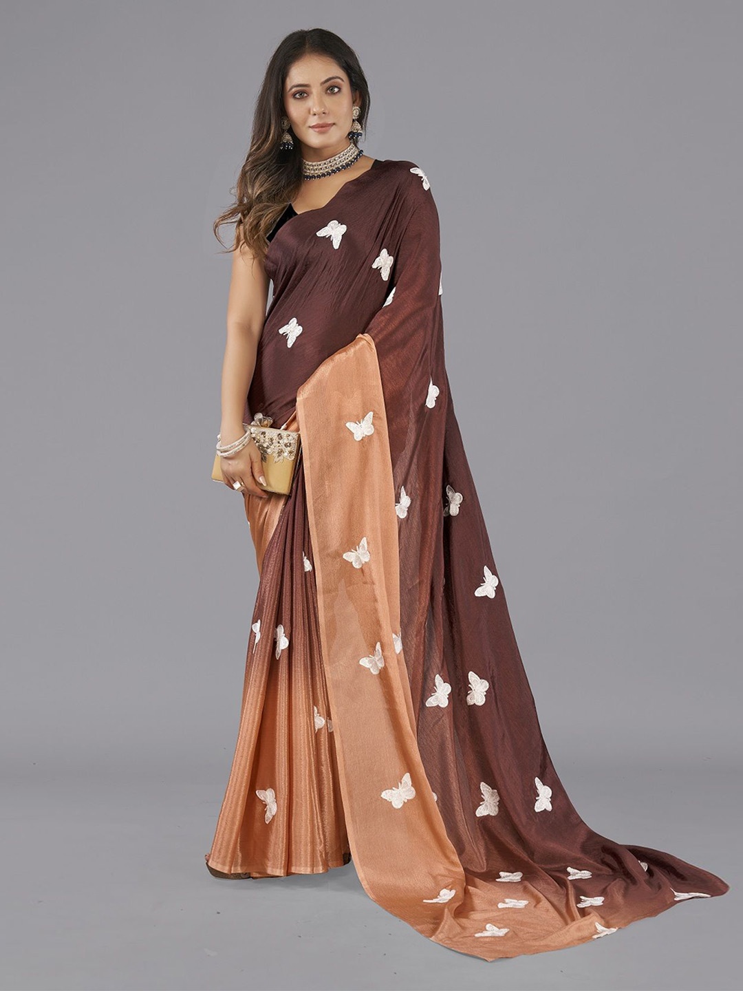 

Aika Ethnic Motifs Embroidered Pure Chiffon Saree, Brown