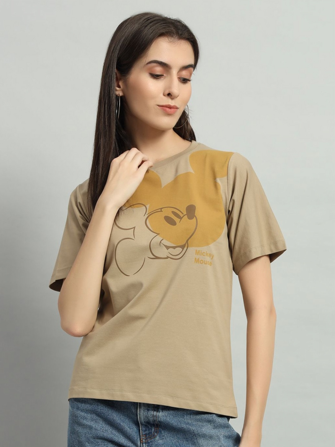 

AECK Women Graphic Printed Round Neck Cotton T-Shirt, Tan