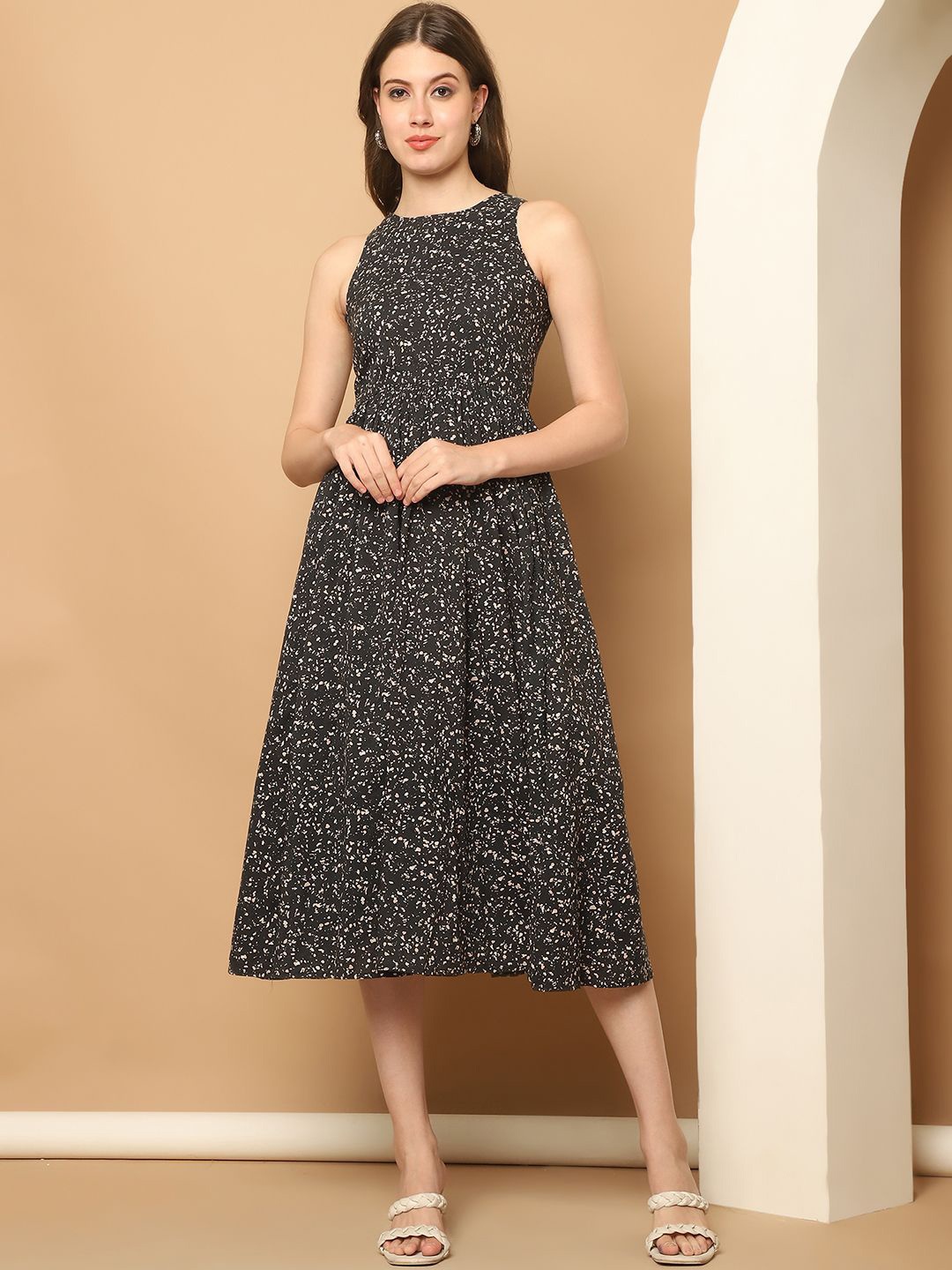 

Purple State Floral Print Fit & Flare Midi Dress, Black