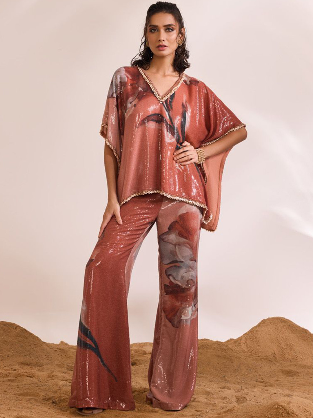 

DIVYA AGGARWAL Inara Floral Printed Top With Trouser, Rust