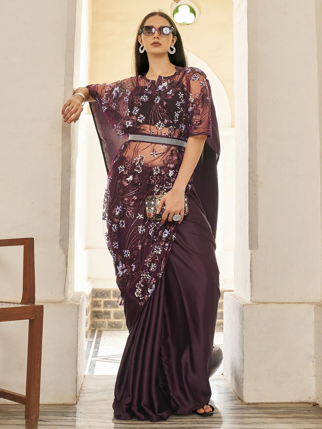 

Tikhi Imli Embellished Sequinned Satin Belted Saree, Purple