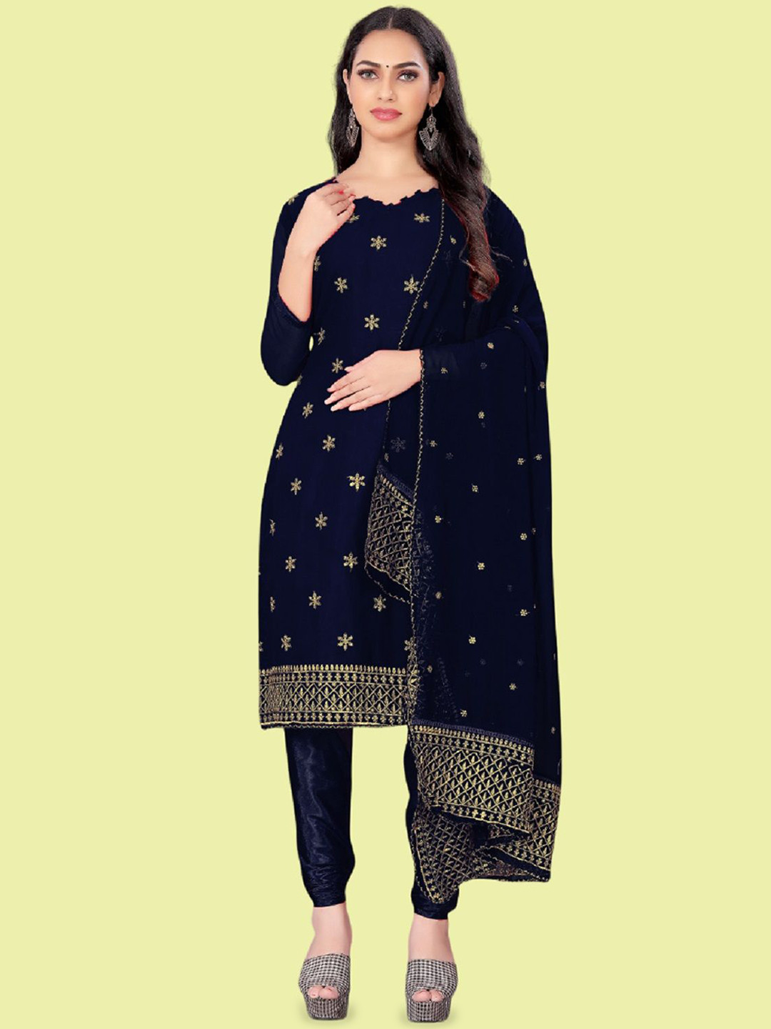 

APNISHA Floral Embroidered Zari Work Silk Georgette Unstitched Dress Material, Navy blue