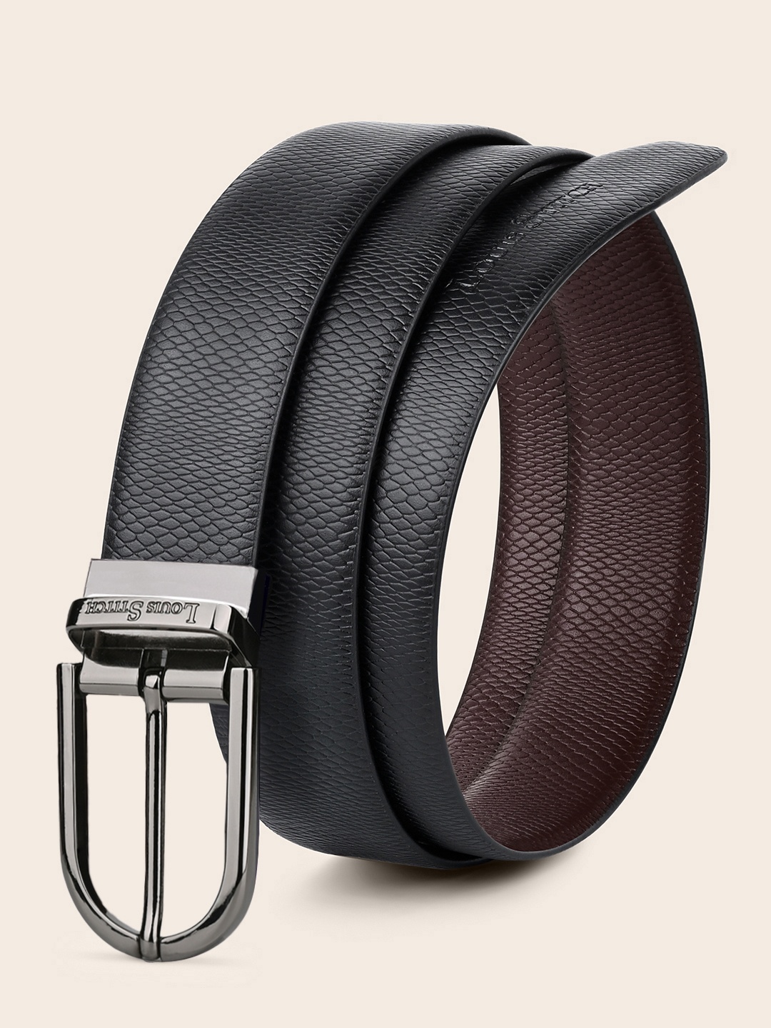 

LOUIS STITCH Men Textured Reversible Leather Formal Belt, Black