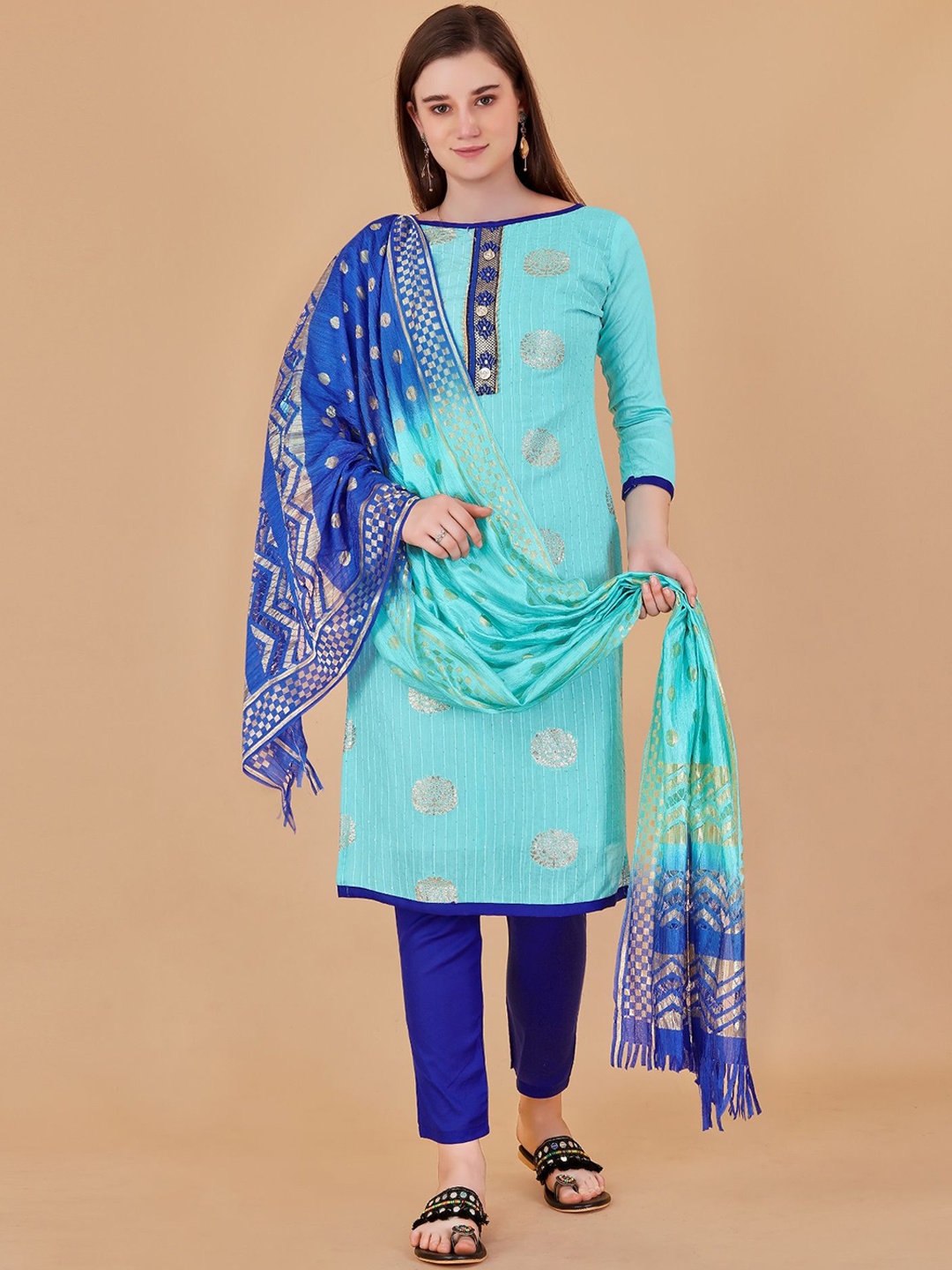 

Aika Gotta Patti Unstitched Dress Material, Turquoise blue