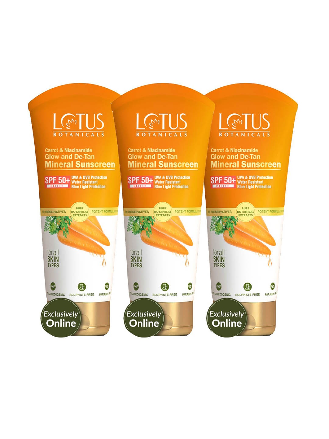 

Lotus Botanicals Set Of 3 Carrot & Niacinamide SPF 50+ Mineral Sunscreen-50g Each, Orange