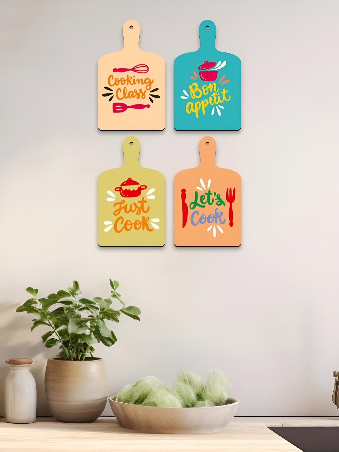 

CLAWCRAFTS Yellow and Orange-Colored 4 Pieces Wooden Modern Wall Hangings