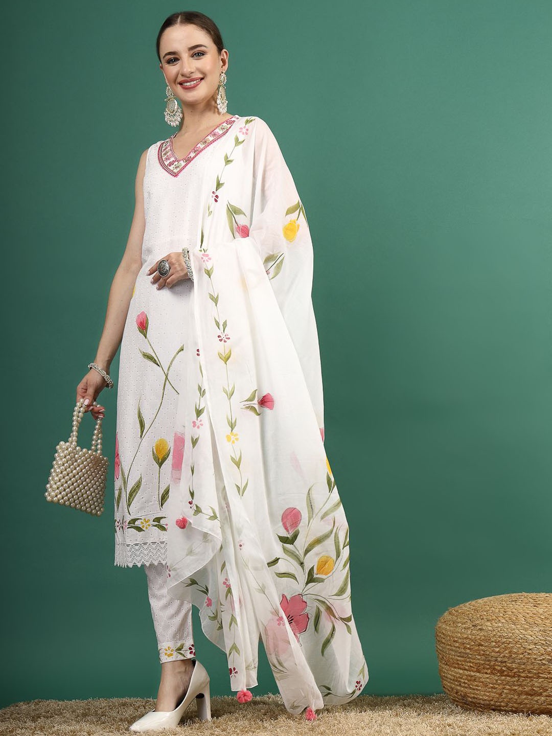 

Sangria White Floral Embroidered V Neck Straight Kurta & Trouser With Dupatta